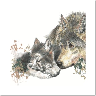 Watercolor Wolf Parent & Cub Animal Art Posters and Art